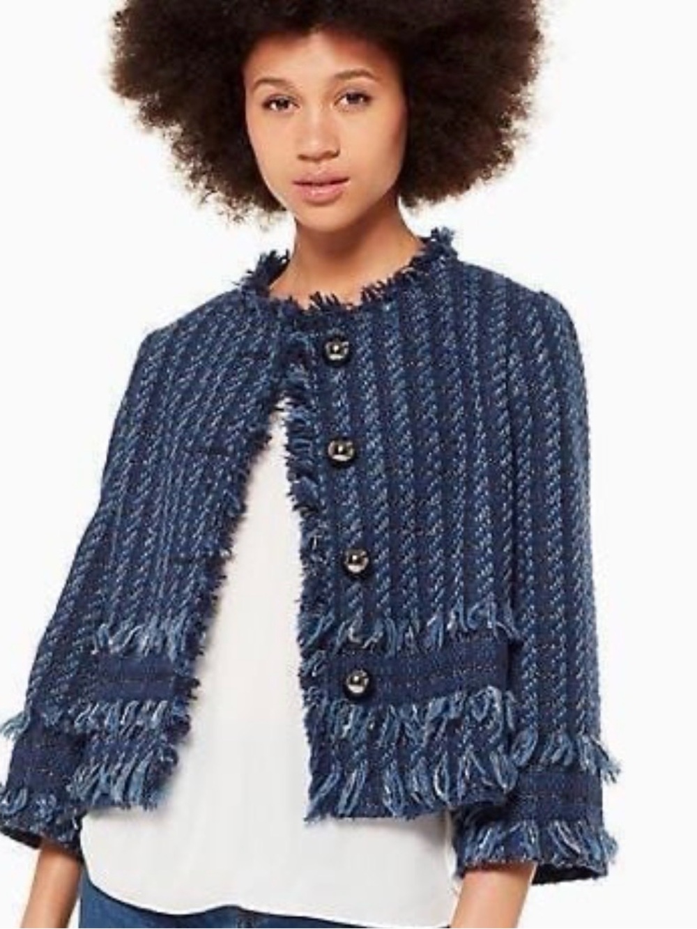 Kate Spade Madison Ave Jaylen Tweed Fringe Jacket In Indigo size 4
